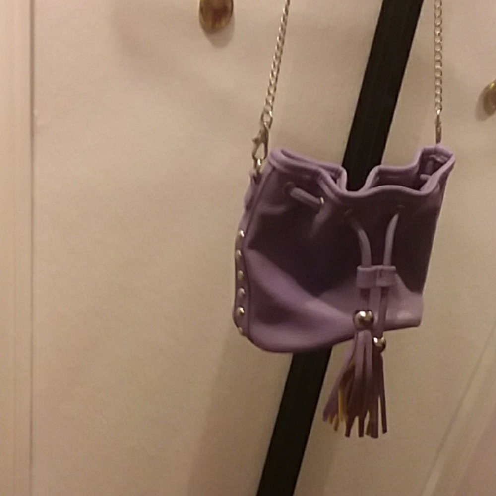 Small purple purse with long silver chain